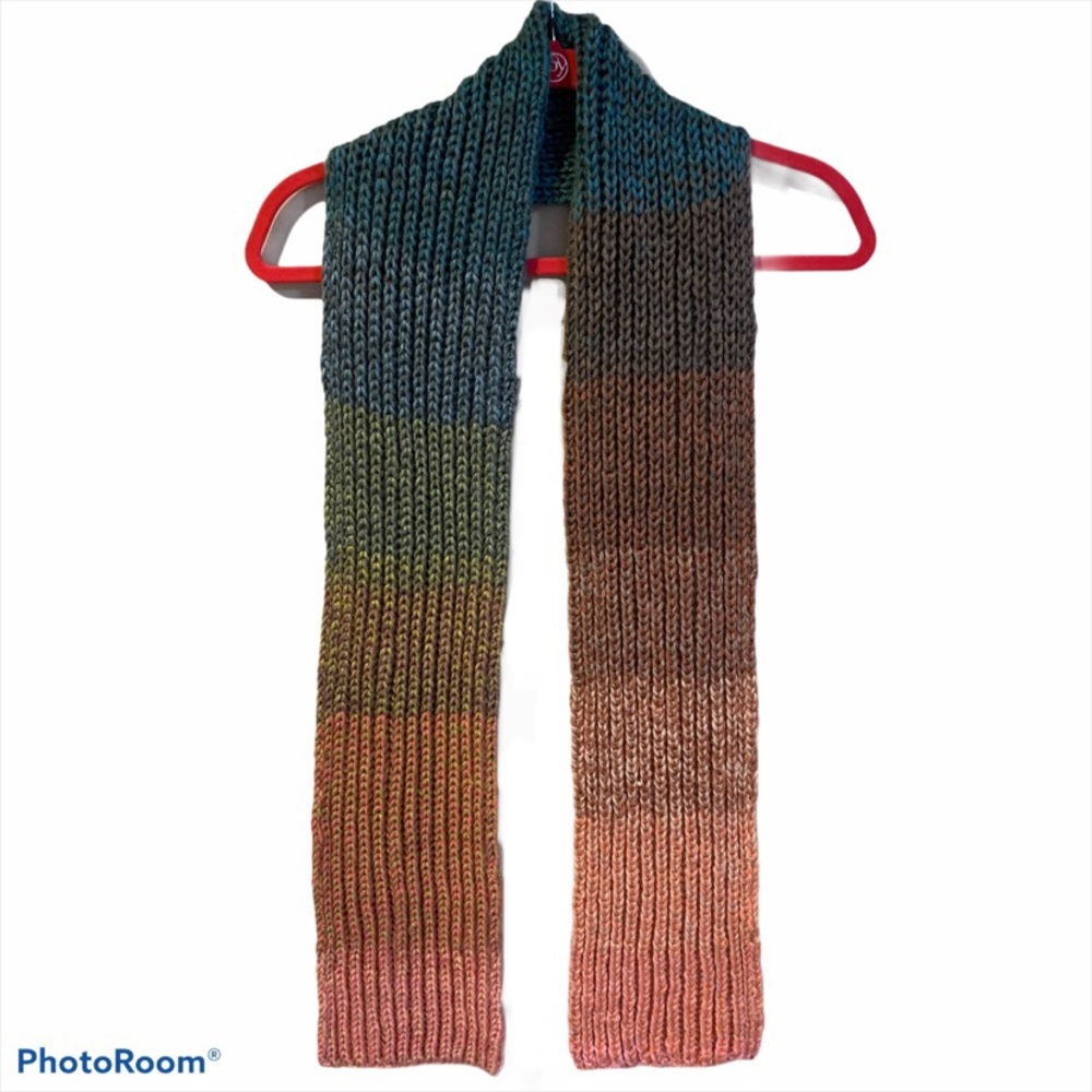 NEW HANDMADE Hand Knit Stripe Ribbed Squishy Soft Scarf Blue Coral Pink